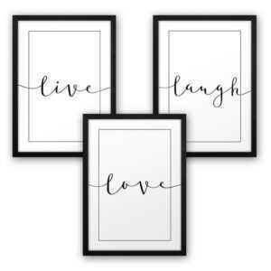 Kreative Feder Poster, Schwarz-Weiß, Text, Love, Liebe, Lachen, Leben (Set, 3 St), 3-teiliges Poster-Set, Kunstdruck, Wandbild, optional mit Rahmen, wahlw. in DIN A4 / A3, 3-WP092