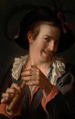 Kunstdruck Laughing man with flute Joachim Wtewael Flöte Männer Lachen Hut B A3 0, (1 St)