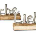 Levandeo® Deko-Schriftzug, 2er Set Schriftzug Liebe Lache L23cm Metall Silber Mango Holz