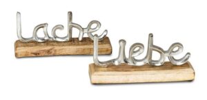 Levandeo® Deko-Schriftzug, 2er Set Schriftzug Liebe Lache L23cm Metall Silber Mango Holz