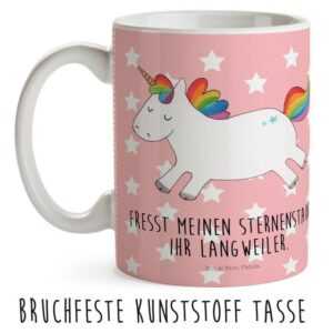 Mr. & Mrs. Panda Kinderbecher Einhorn Happy - Rot Pastell - Geschenk, Kunststoff Tasse, Lachen, Peg, Kunststoff