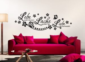 Wandtattoo Zitat "Lebe... Lache... Liebe..." + Schmetterlinge & Blumen W870