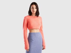 Benetton, Cropped-pullover Aus Mohair-mischung, größe XS-S, Lachs, female