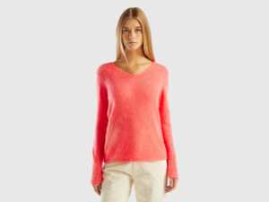 Benetton, Pullover Aus Mohair-mischung, Regular Fit, größe L, Lachs, female