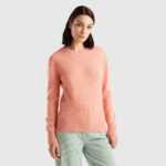 Benetton, Pullover Aus Reiner Shetlandwolle, größe L, Lachs, female