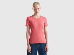 Benetton, T-shirt Aus Langfaseriger Baumwolle, größe XS, Lachs, female