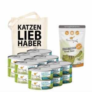 I love my cat Dealset für Katzen mit Giardien - 18 Dosen Nassfutter mit Pute und Lachs 100g + Vermal Pulver 35g + 1 Jutesack von I love my cat