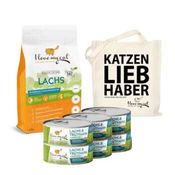 I love my cat ILMC set mit Lachs und Truthahn – Trockenfutter und Nassfutter + Jutebeutel