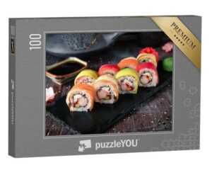 puzzleYOU Puzzle Regenbogen-Sushi-Rolle mit Lachs und Avocado, 100 Puzzleteile, puzzleYOU-Kollektionen Sushi, Küche, Asiatisches Essen