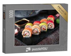 puzzleYOU Puzzle Regenbogen-Sushi-Rolle mit Lachs und Avocado, 1000 Puzzleteile, puzzleYOU-Kollektionen Sushi, Küche, Asiatisches Essen